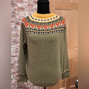 Cozy Olive Green Fair Isle Fox Pattern Woodland Sweater Rustic Chic Forestcore M